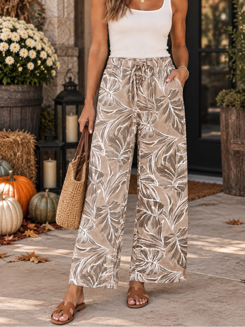 Nine West Beige Cream Leaf Print Linen Wide-Leg Pants